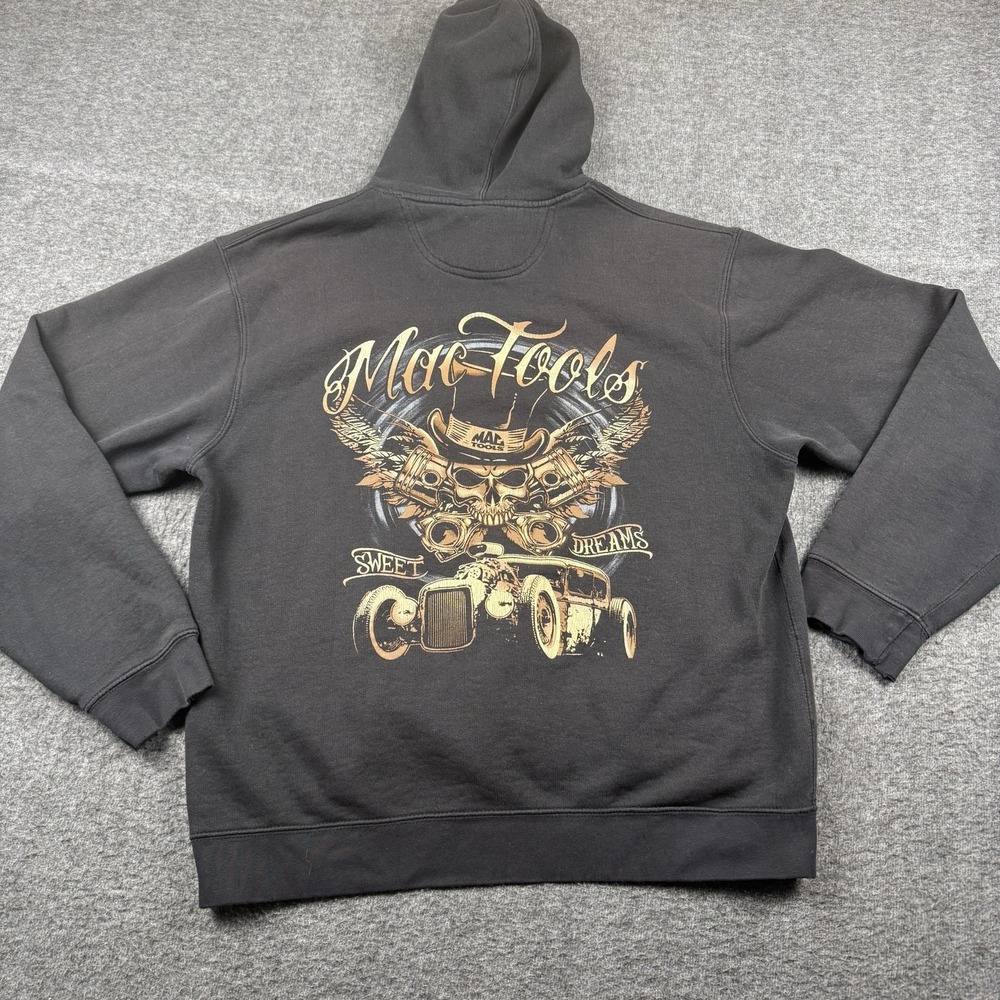 MAC Tools Hoodie Mens Large Black Skull Hot Rod Car Mechanic Pullover Sweatshirt